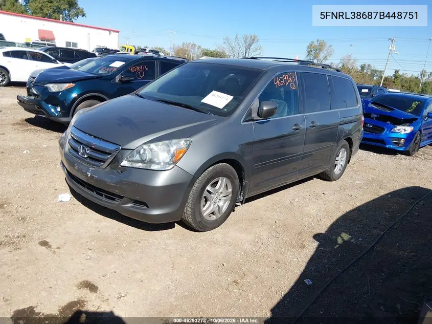 2007 HONDA ODYSSEY VIN 5FNRL38687B448751 — фото 2