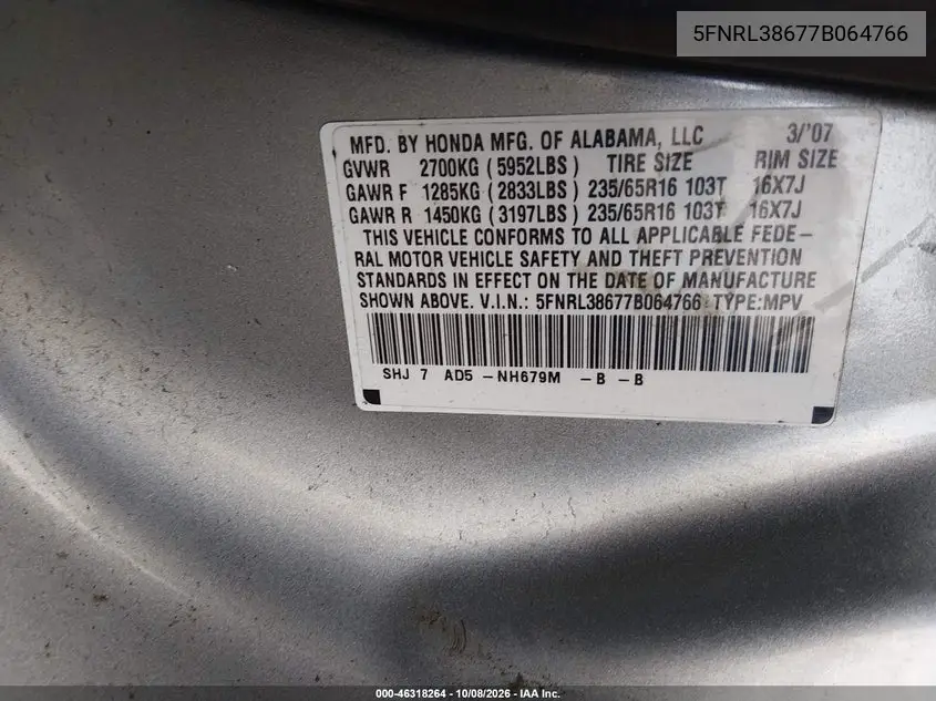 2007 HONDA ODYSSEY VIN 5FNRL38677B064766 — фото 9