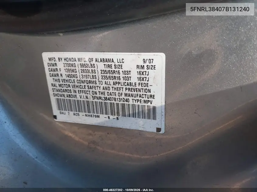 2007 HONDA ODYSSEY VIN 5FNRL38407B131240 — фото 9