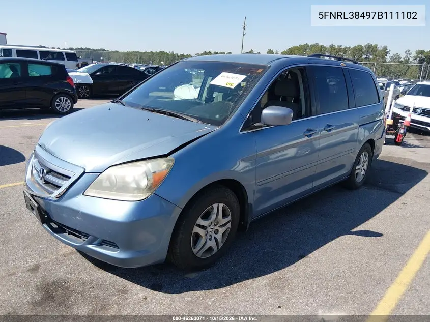 2007 HONDA ODYSSEY VIN 5FNRL38497B111102 — фото 2