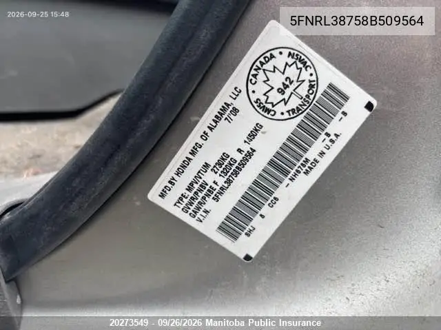2008 HONDA ODYSSEY VIN 5FNRL38758B509564 — фото 9