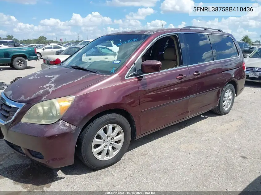 2008 HONDA ODYSSEY VIN 5FNRL38758B410436 — фото 2