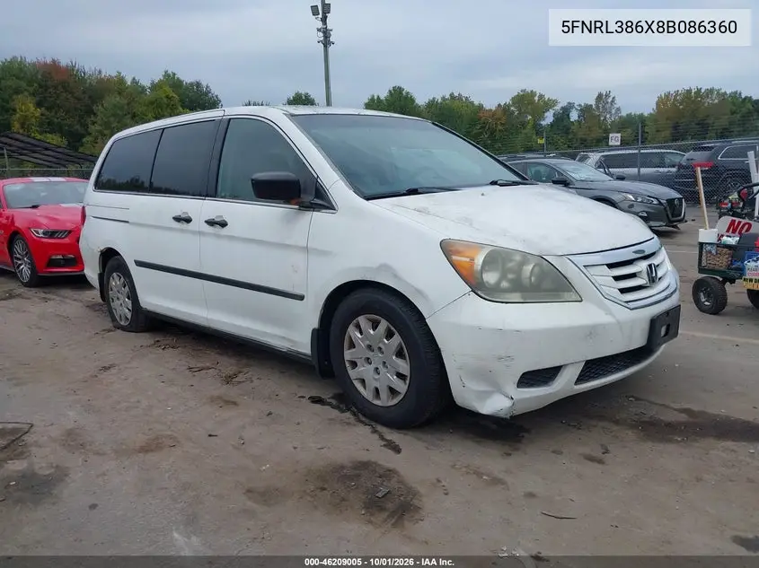 HONDA ODYSSEY 2008, VIN 5FNRL386X8B086360
