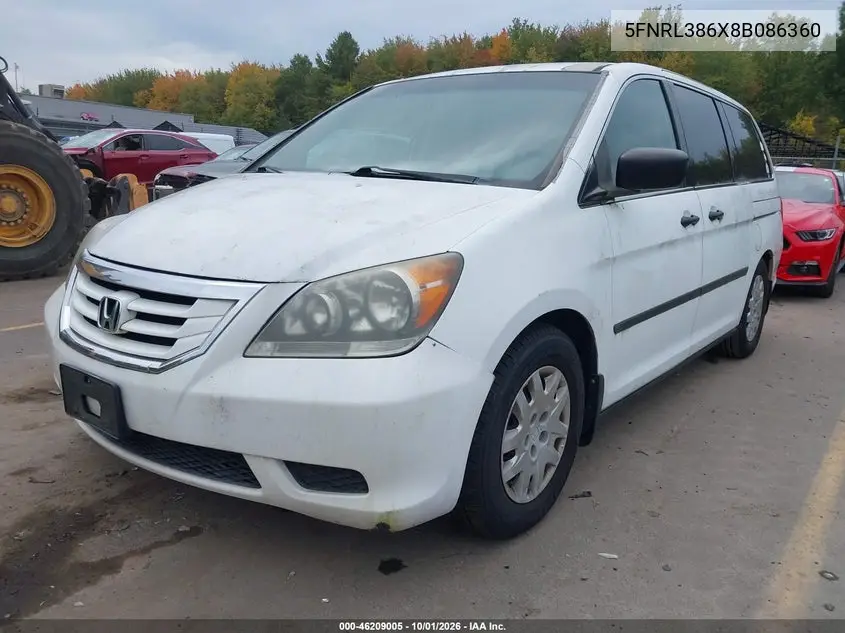 2008 HONDA ODYSSEY VIN 5FNRL386X8B086360 — фото 2