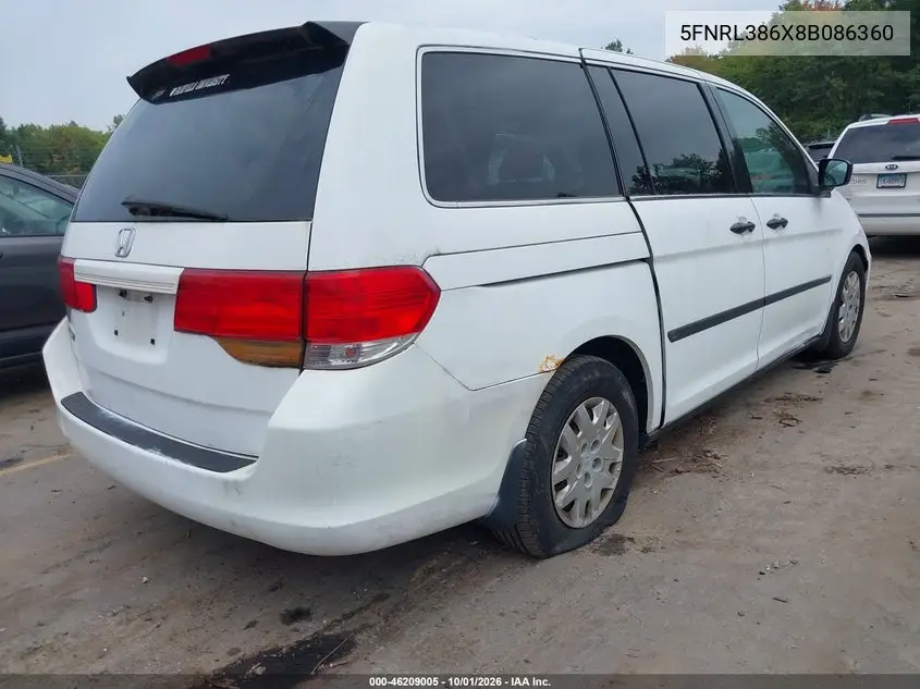 2008 HONDA ODYSSEY VIN 5FNRL386X8B086360 — фото 4