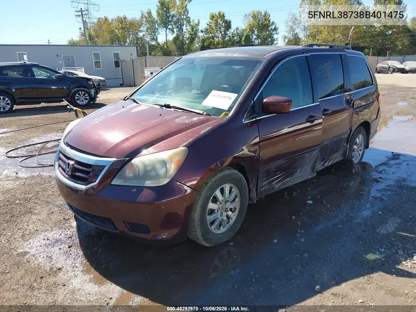 2008 HONDA ODYSSEY VIN 5FNRL38738B401475 — фото 2