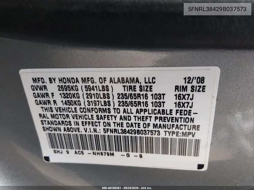 2009 HONDA ODYSSEY VIN 5FNRL38429B037573 — фото 9