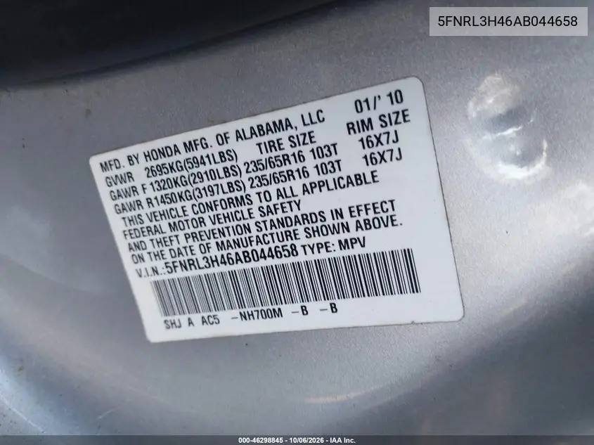 2010 HONDA ODYSSEY VIN 5FNRL3H46AB044658 — фото 9