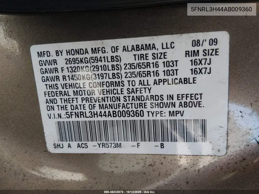 2010 HONDA ODYSSEY VIN 5FNRL3H44AB009360 — фото 9