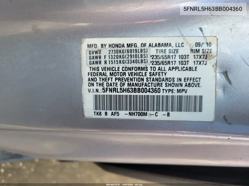 2011 HONDA ODYSSEY VIN 5FNRL5H63BB004360 — фото 8