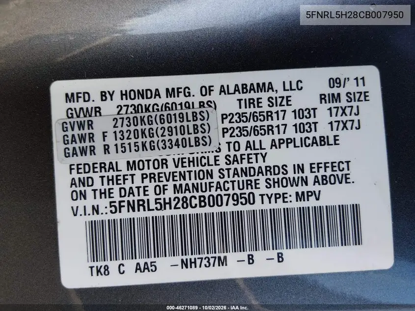 2012 HONDA ODYSSEY VIN 5FNRL5H28CB007950 — фото 9