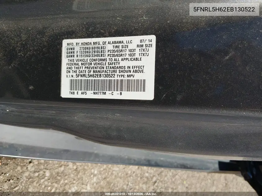 2014 HONDA ODYSSEY VIN 5FNRL5H62EB130522 — фото 9