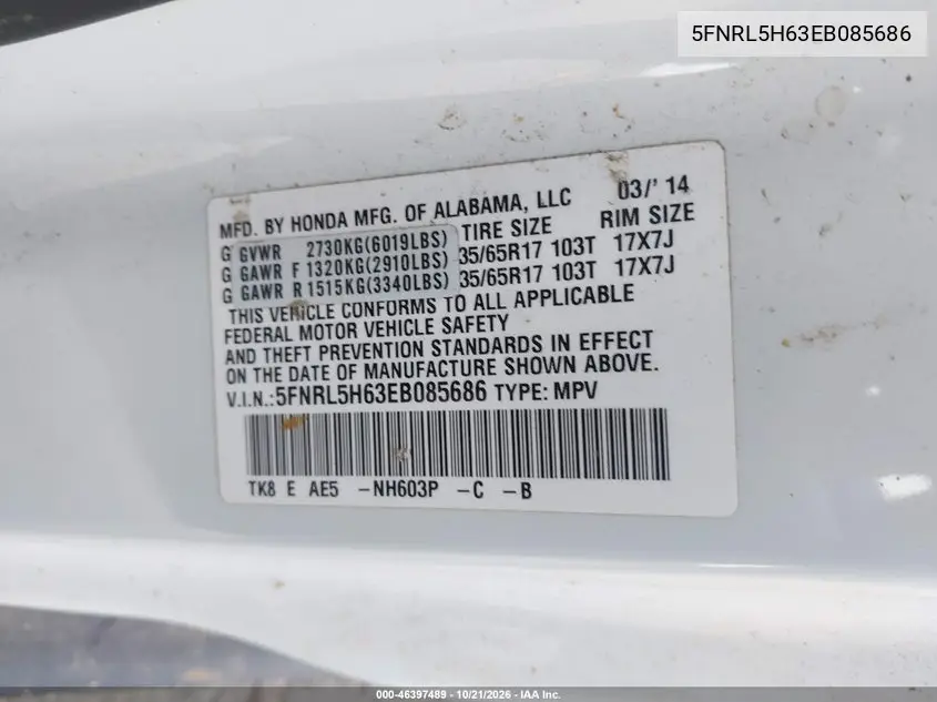2014 HONDA ODYSSEY VIN 5FNRL5H63EB085686 — фото 9