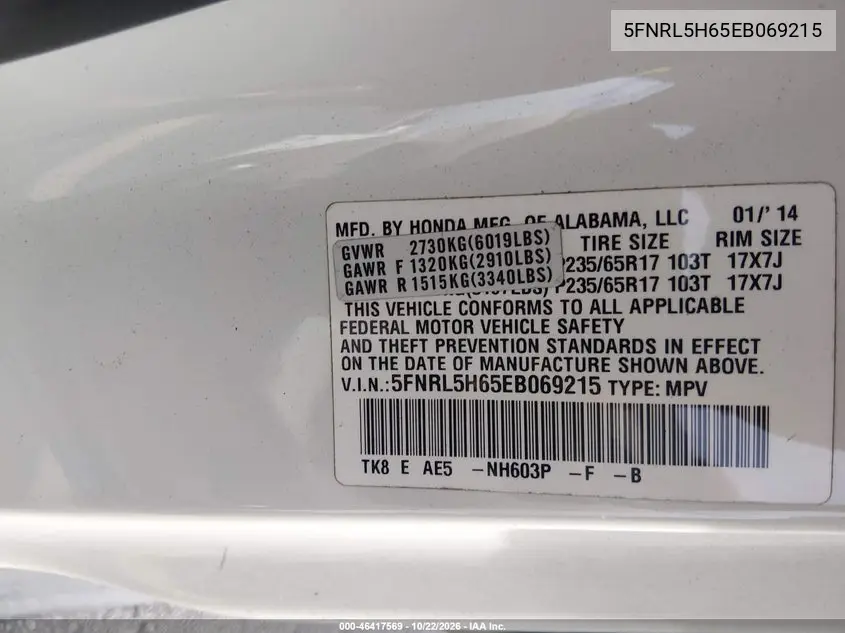 2014 HONDA ODYSSEY VIN 5FNRL5H65EB069215 — фото 9