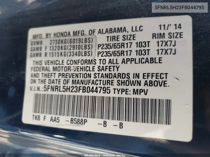 2015 HONDA ODYSSEY VIN 5FNRL5H23FB044795 — фото 9