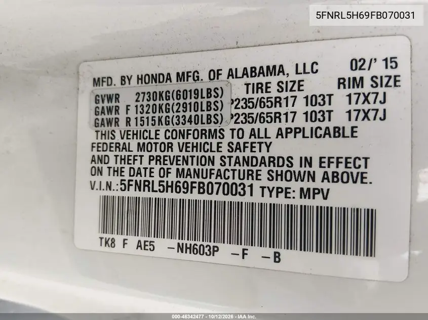 2015 HONDA ODYSSEY VIN 5FNRL5H69FB070031 — фото 9