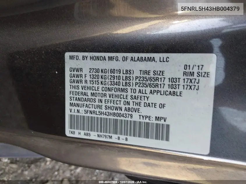 2017 HONDA ODYSSEY VIN 5FNRL5H43HB004379 — фото 9