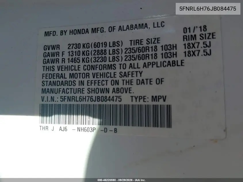 2018 HONDA ODYSSEY VIN 5FNRL6H76JB084475 — фото 9