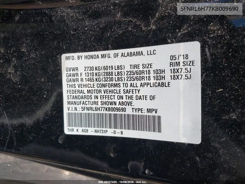 2019 HONDA ODYSSEY VIN 5FNRL6H77KB009690 — фото 9