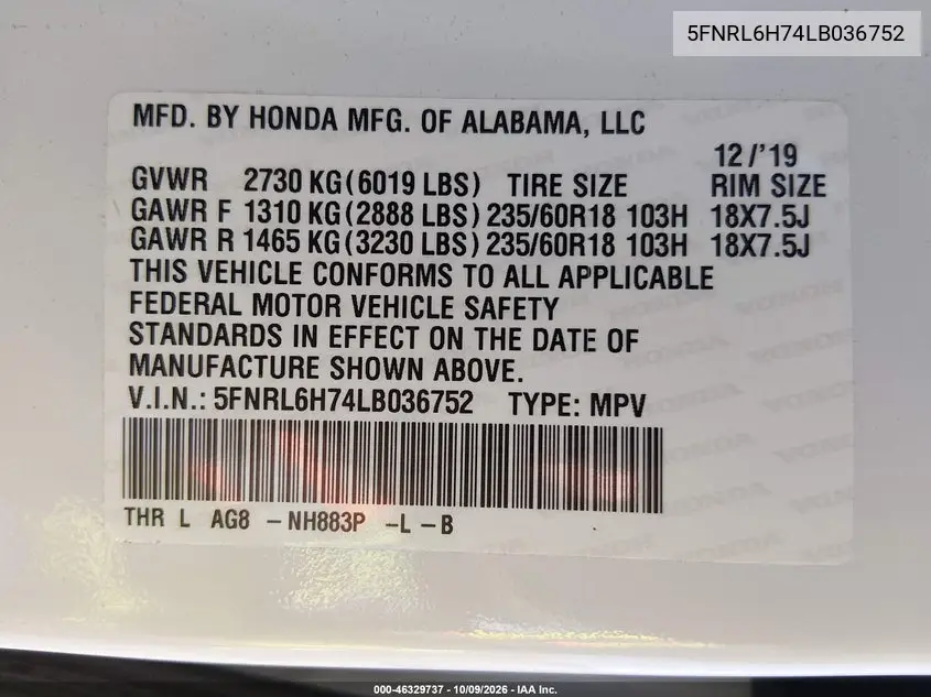 2020 HONDA ODYSSEY VIN 5FNRL6H74LB036752 — фото 9