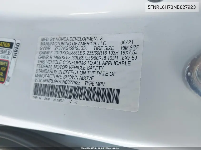 2022 HONDA ODYSSEY VIN 5FNRL6H70NB027923 — фото 9