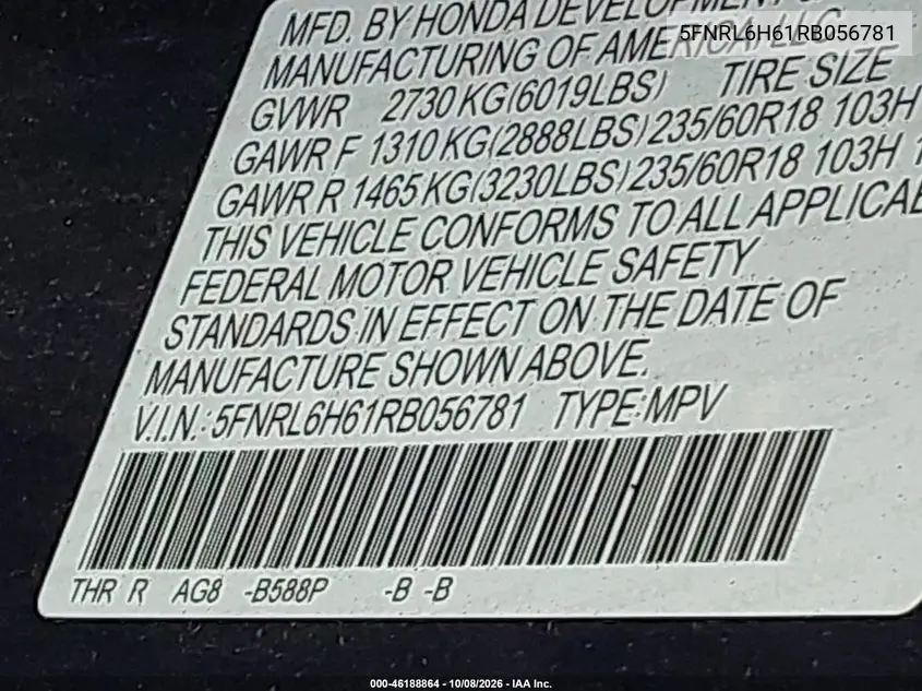 2024 HONDA ODYSSEY VIN 5FNRL6H61RB056781 — фото 9
