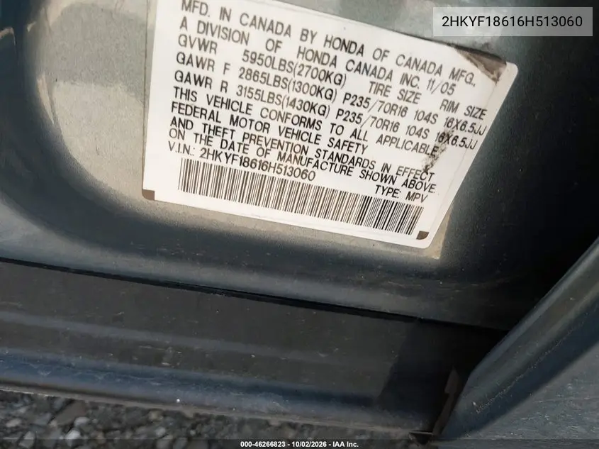 2006 HONDA PILOT VIN 2HKYF18616H513060 — фото 9