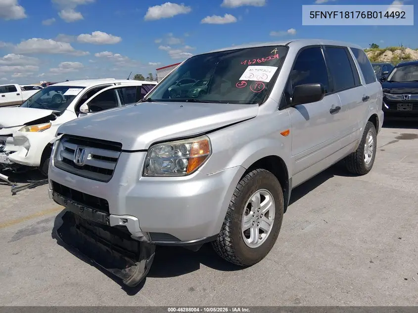 2006 HONDA PILOT VIN 5FNYF18176B014492 — фото 2