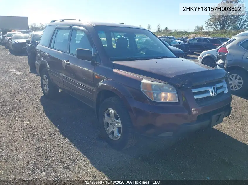 HONDA PILOT 2007, VIN 2HKYF18157H003302
