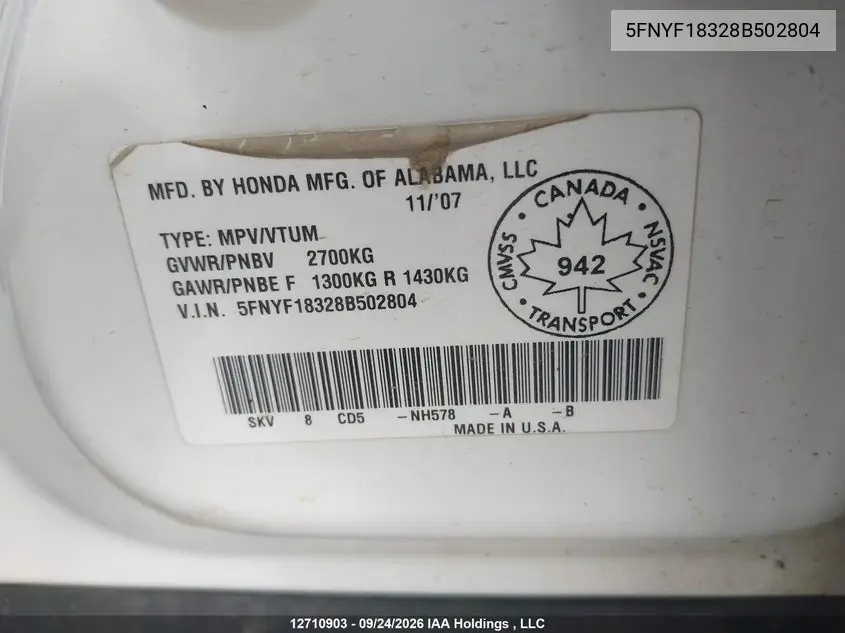 2008 HONDA PILOT VIN 5FNYF18328B502804 — фото 9