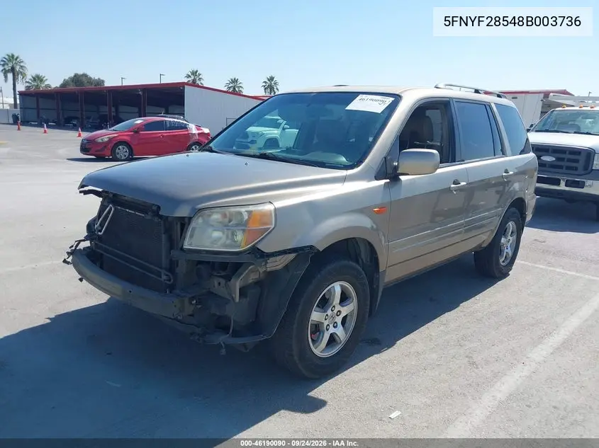 2008 HONDA PILOT VIN 5FNYF28548B003736 — фото 2