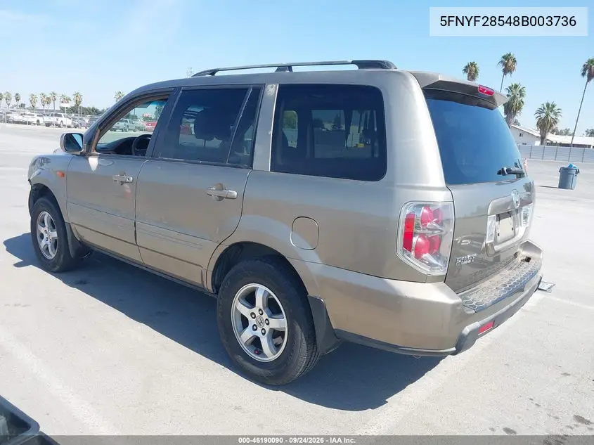 2008 HONDA PILOT VIN 5FNYF28548B003736 — фото 3