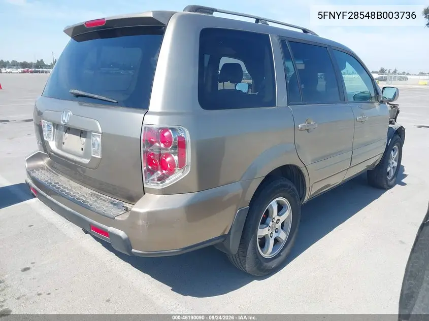 2008 HONDA PILOT VIN 5FNYF28548B003736 — фото 4