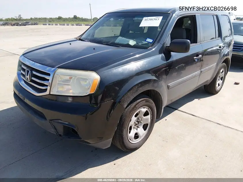 2012 HONDA PILOT VIN 5FNYF3H2XCB026698 — фото 2