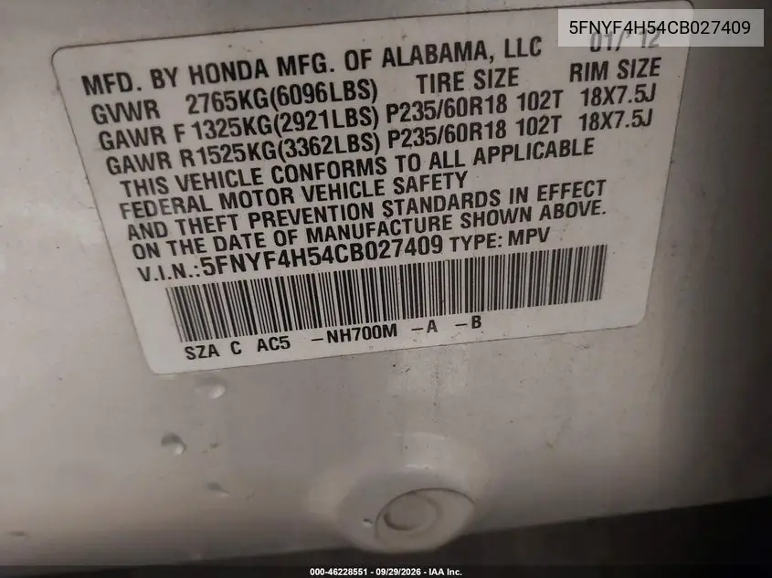 2012 HONDA PILOT VIN 5FNYF4H54CB027409 — фото 9