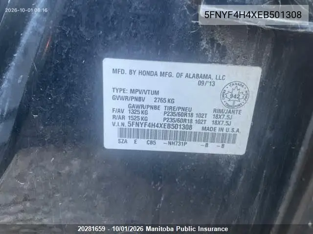 2014 HONDA PILOT VIN 5FNYF4H4XEB501308 — фото 9