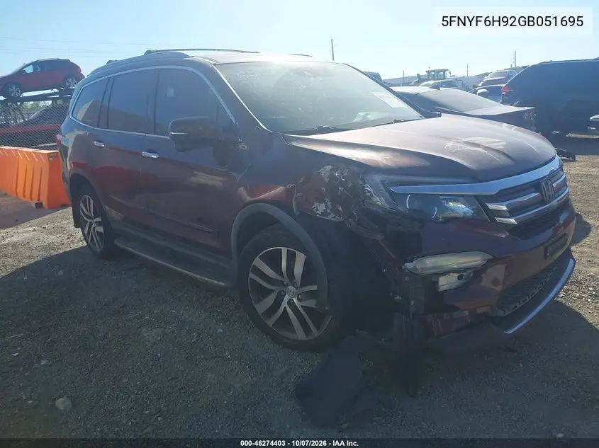 HONDA PILOT 2016, VIN 5FNYF6H92GB051695