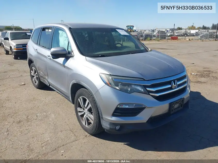 HONDA PILOT 2016, VIN 5FNYF5H33GB036533