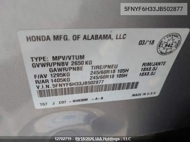 2018 HONDA PILOT VIN 5FNYF6H33JB502877 — фото 10