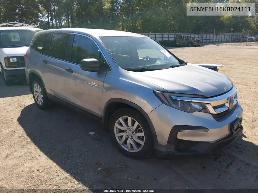 HONDA PILOT 2019, VIN 5FNYF5H16KB024111