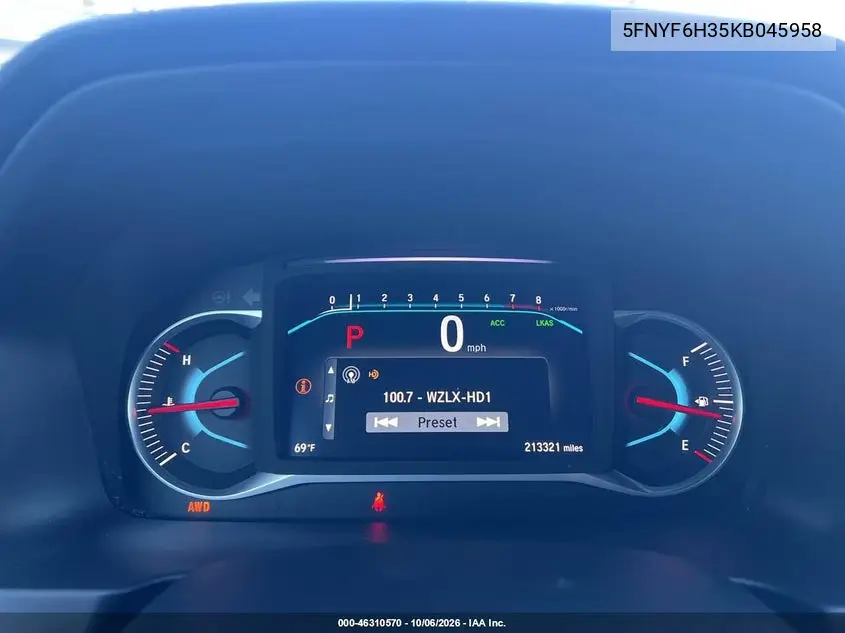 2019 HONDA PILOT VIN 5FNYF6H35KB045958 — фото 7