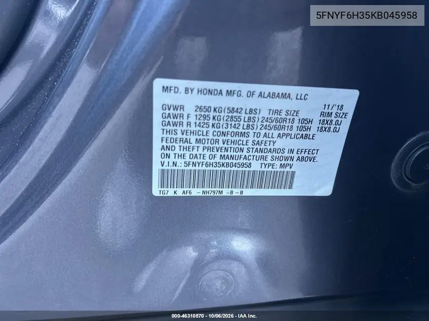 2019 HONDA PILOT VIN 5FNYF6H35KB045958 — фото 9