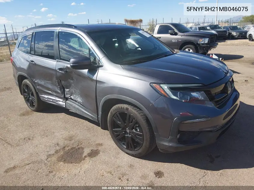 HONDA PILOT 2021, VIN 5FNYF5H21MB046075