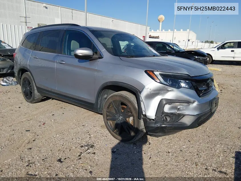 HONDA PILOT 2021, VIN 5FNYF5H25MB022443