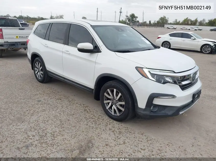 HONDA PILOT 2021, VIN 5FNYF5H51MB002149