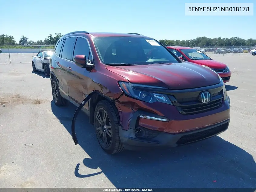 HONDA PILOT 2022, VIN 5FNYF5H21NB018178