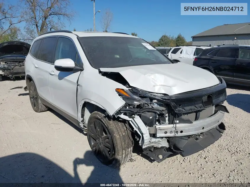 HONDA PILOT 2022, VIN 5FNYF6H26NB024712