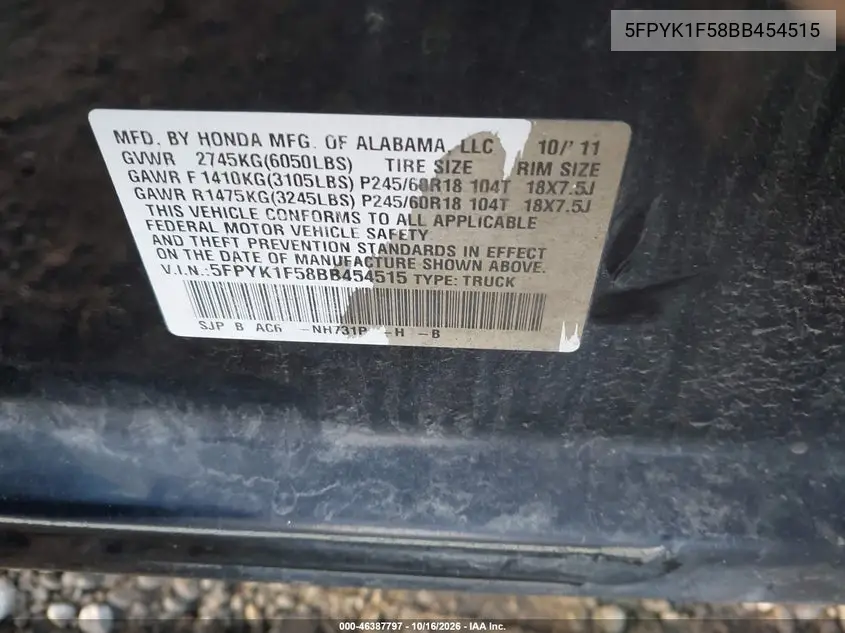 2011 HONDA RIDGELINE VIN 5FPYK1F58BB454515 — фото 9