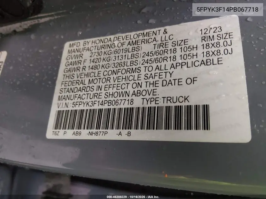 2023 HONDA RIDGELINE VIN 5FPYK3F14PB067718 — фото 9