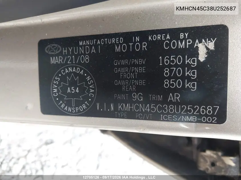 2008 HYUNDAI ACCENT VIN KMHCN45C38U252687 — фото 19